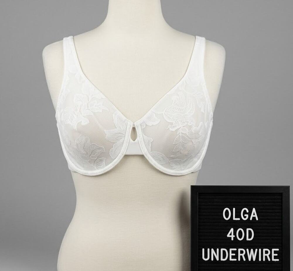 Olga 40D Sheer Leaf Lace Underwire Bra #35109 White Full Coverage Minimizer